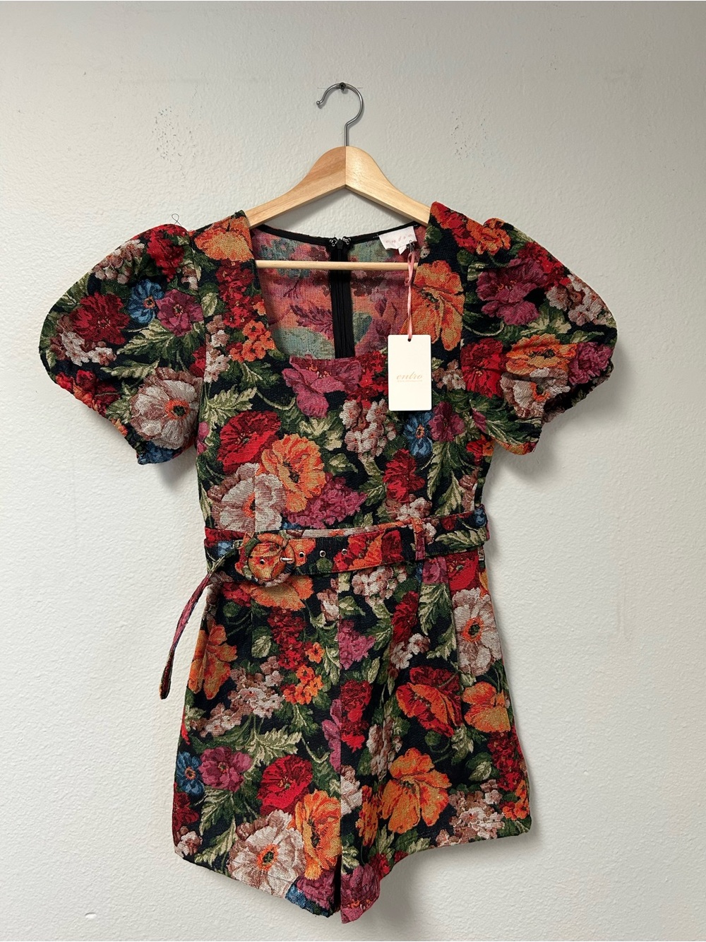 entro Black Floral Puff-Sleeve Romper with Red, Orange, Pink & Green Blooms